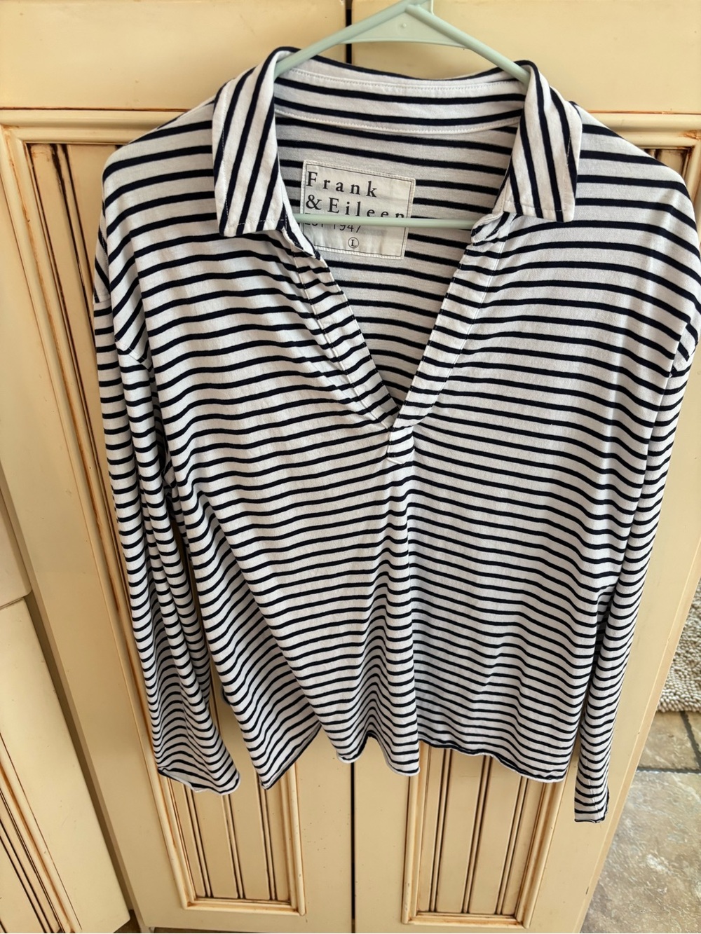 Frank & Eileen Women's Popover Henley Navy and White Striped Long-Sleeve